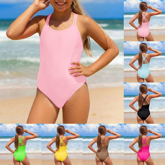 Swimsuits Girls Cross Back Swimwear with Adjustable Straps Summer Pink Bathing Suit Girls Size 8-16 Years