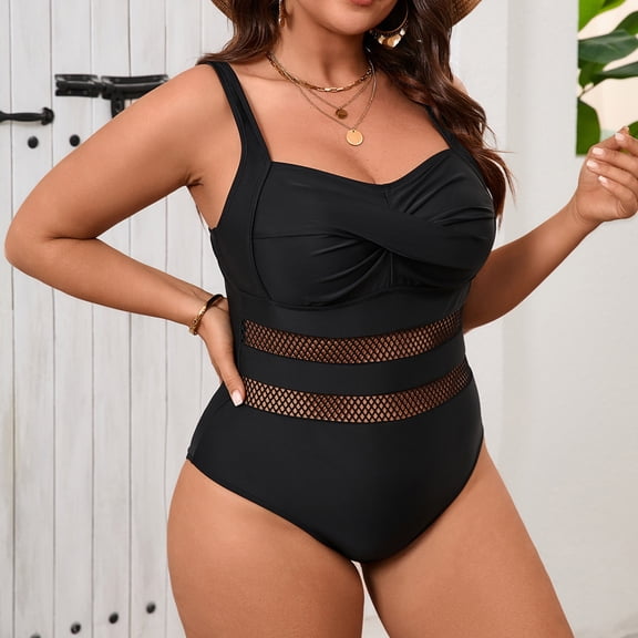 Swimsuits One Piece Tummy Suits New Women Summer Solid Patchwork Deep V Underwire Bikini Sports Swimsuit Style B-15 Black 5XL