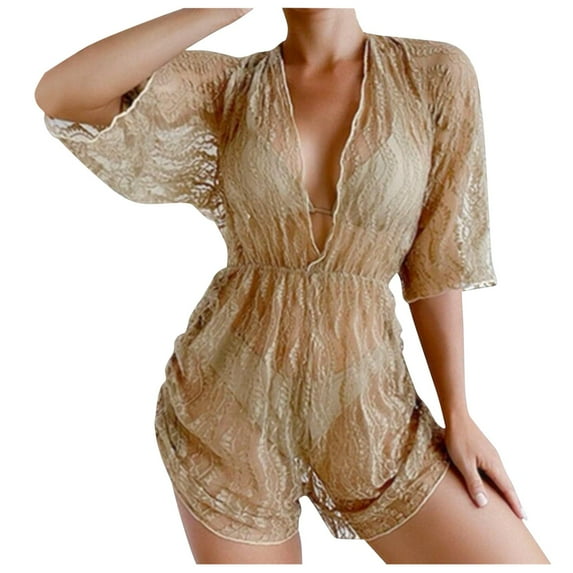 Swimsuits Women Bikini Cute Sport Push Up with Mesh Cover Up Drawstring 3 Piece Khaki Women Bathing Suits M