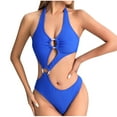 thumbnail image 1 of Swimsuits for Women One-Piece Women's One Piece Swimsuit V Neck Keyhole Cutout O Ring Backless Bathing Suit High Cut Monokini Lace-Up Swimwear Bikini Swimsuit Blue S, 1 of 3