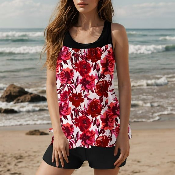 Swimsuits for Women Round Neck Loose Fit Shorts Two Piece Tankini Sets Stretchy Vintage Flower Print Ruched Top Slimming Tummy Control Modest Beachwear Pool