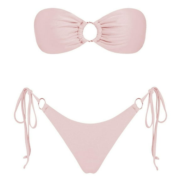 Swimsuits Women Solid Color Strapless Backless Gathering Separate Bikini Pink Women Bathing Suits S