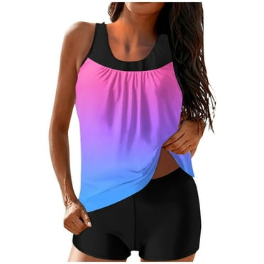 Swimsuits for Women Two Piece High Waisted Tankini Swimsuits Modest Bathing Suit Plus Size Tank Top with Boyshorts Crew Neck Blouson Tank Tops with Black Bottoms Swimwear Suit 2025 Clearance M