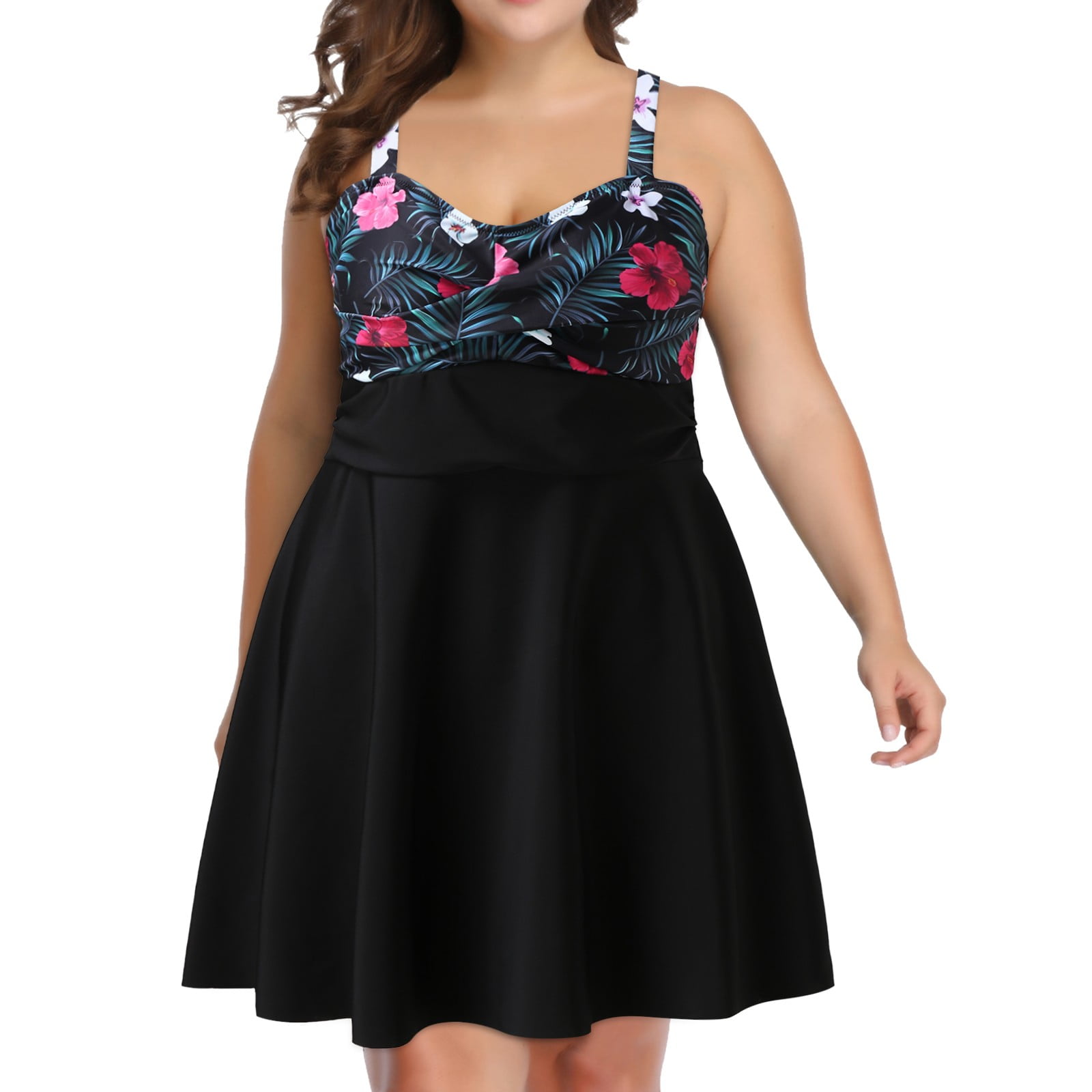 knee length swim dress plus size Sporti - Black full front power net lining Knee Length Misses Swim Dresses