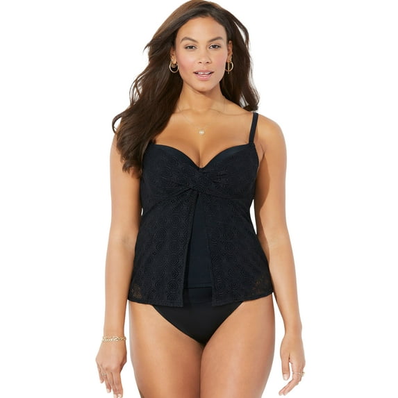 Swimsuits for All Faux Flyaway Crochet Underwire Tankini Set With Cheeky Brief