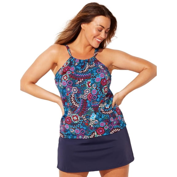 Swimsuits for All High Neck Tankini Set With Side Slit Skirt