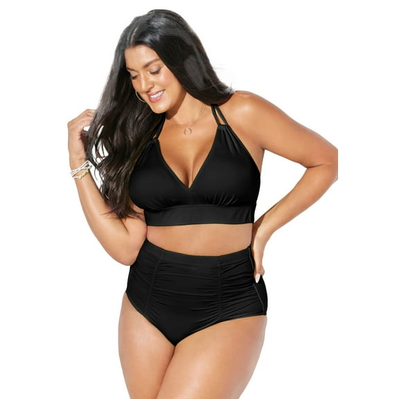 Swimsuits for All Loop Strap Halter Shirred High Waist Bikini Set