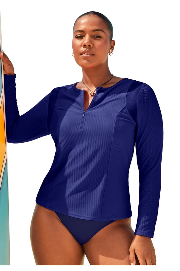 Women's Chlorine Resistant Quick-Dry 1/4 Zip Front Long Sleeve Swim Rash Guard