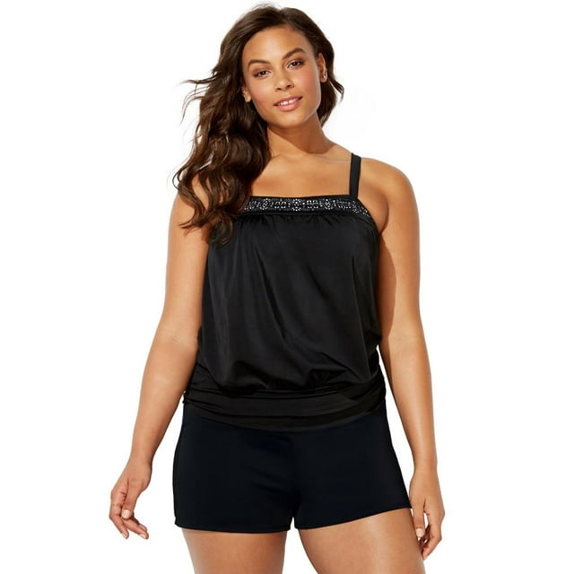 Swimsuits For All Womens Plus Size Laser Cut Blouson Tankini Set With