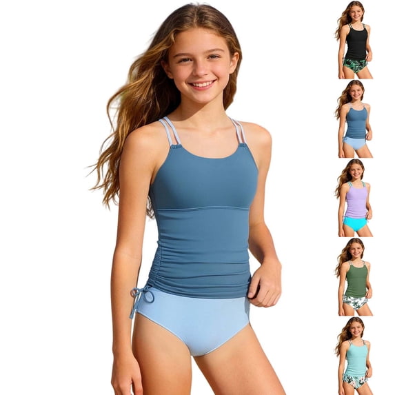Swimsuits for Girls 2 Piece Swimsuit Set Side Ruched Swimwear with Bikini Bottoms Tankini Bathing Suits for Girls Size 7-16 Years