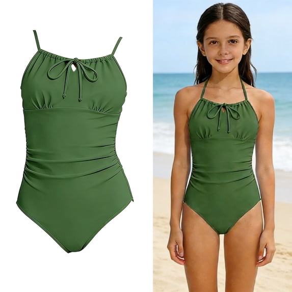 Swimsuits for Girls Halter 1 Piece Swimming Suits Quick Dry Beach Swimwear Ruched Swimsuit Girls 13-14 Years