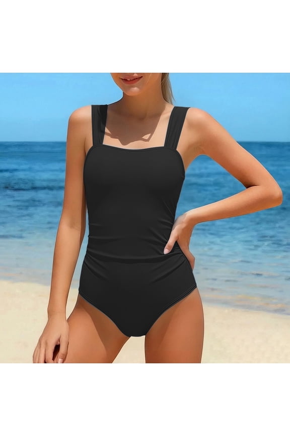 Swimsuits for Girls Kids One Piece Swimsuit Solid Color Vintage Square Neck Adjustable Straps Classic Design Toddler Bathing Suit Girl Size 11-12Y