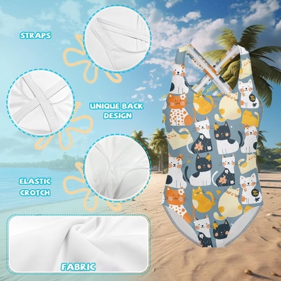 Swimsuits for Girls One Piece Cross Back Floral Print Racerback Athletic Cover Up Quick Dry Bathing Suit Grey Size 5-6 Y