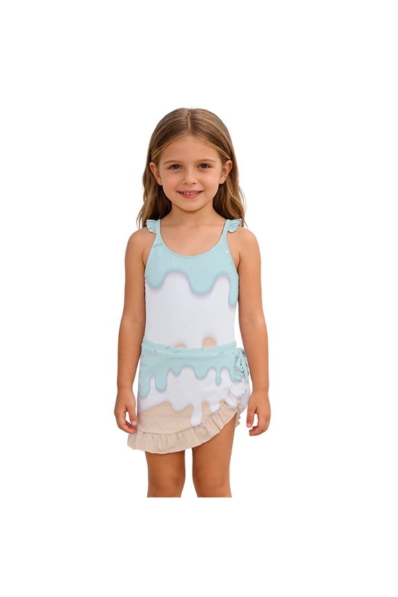 Swimsuits for Girls One Piece Toddler Girl Swimsuit 5T, Girls Swimsuit Two Piece With Ice Print Ruffle Skirt Piece Bathing for Toddler Kids