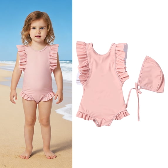 Swimsuits for Girls Ruffle 1 Piece Swimming Suits Quick Dry Swimwear with Swim Cap Girls Bathing Suits Size 12-24 Months