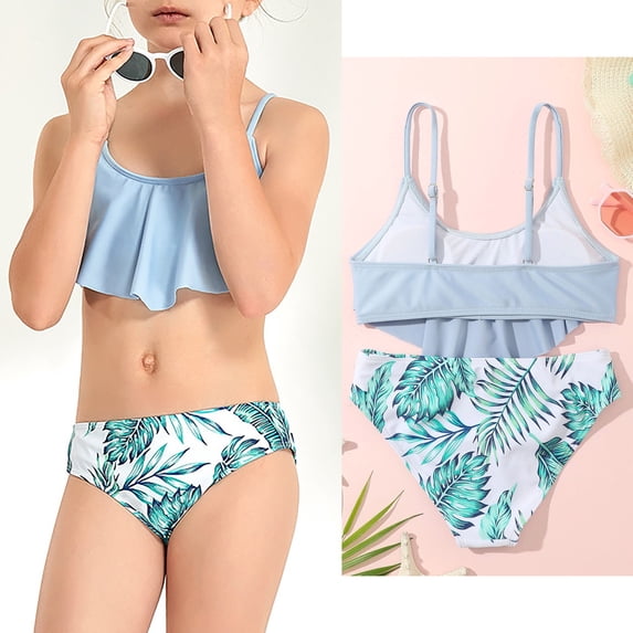 Swimsuits for Girls Ruffled Two Piece Girls Bikinis with Chest Pad Swimming Suit for Girls 7-8 Years