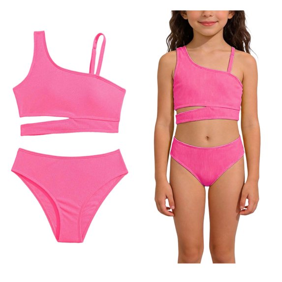 Swimsuits for Kids 2 Piece Cutout Girls Swim Suit with Chest Pad Bathing Suits for Kids 8-9 Years
