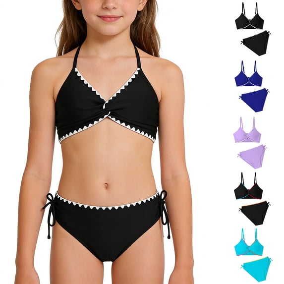 Swimsuits for Girls Twisted V Neck Drawstring 2 Piece Bikini Set with Padded Bra Cute Bikini Black2 8Y
