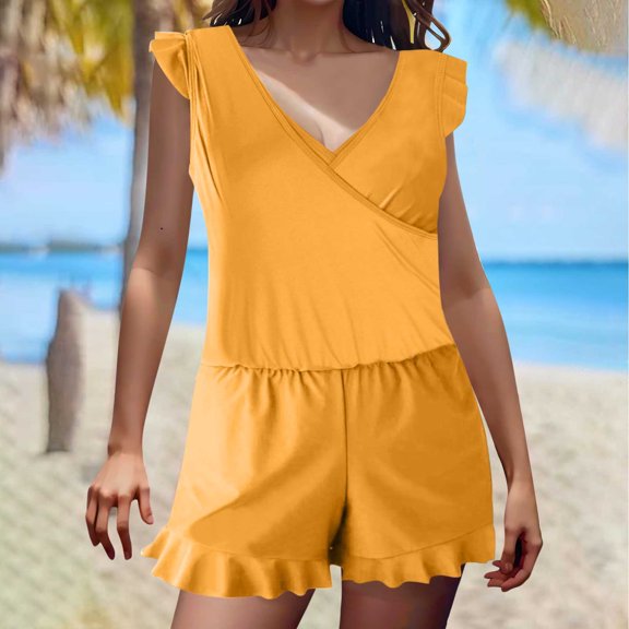 Swimsuits for Women 2025 One Piece Cap Sleeve V Neck Bathing Suit Built in Bra Swimwear High Waisted Soft Romper, Limited Time Offer