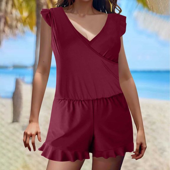 Swimsuits for Women 2025 One Piece Cap Sleeve V Neck Bathing Suit Built in Bra Swimwear High Waisted Soft Romper, Limited Time Offer