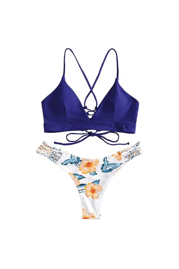 Swimsuits for Women 2PC Halter Bikini Set High Cut Thong String Swimsuit,Blue,L