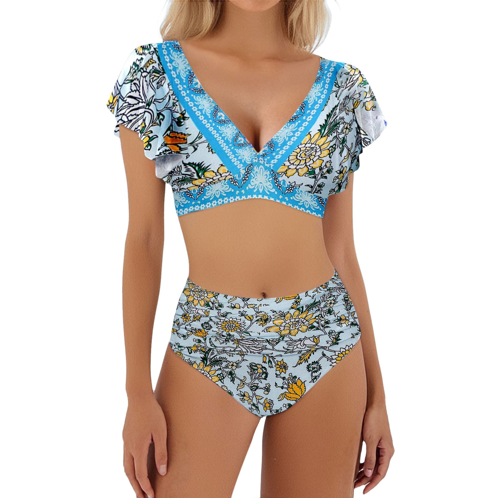 Women’s V-Neck Tankini Swimsuit with Geometric Print Beach Cover-Up