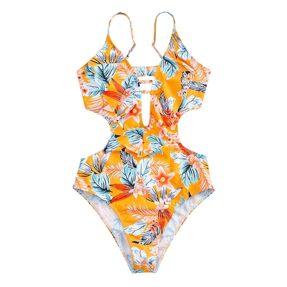 Swimsuits for Women Bikini One Piece Floral Ruffle V Neck Cutout,Orange,L