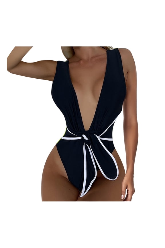 Swimsuits for Women Deep V Neck Open Back One Piece Summer Bathing Suit,Black,M