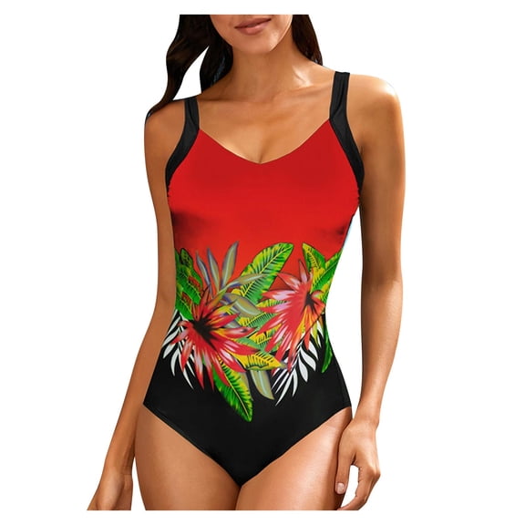 Swimsuits for Women Floral Print Vintage Ethnic One Piece Bikini Beach,Red,S
