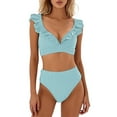 thumbnail image 1 of Swimsuits for Women High Waist Striped Print Bikini Set Ruffle Trim Sexy Two Piece Mint Green Women's Swimwear L, 1 of 5