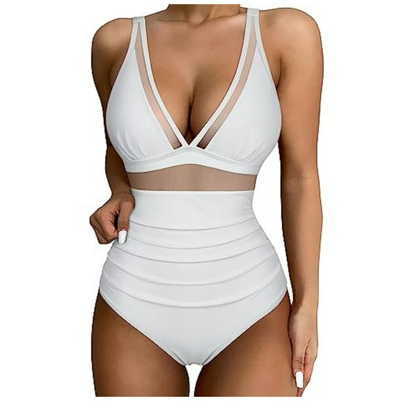 Swimsuits for Women High Waisted One Piece Slimming Openwork Bathing Suit,White,S