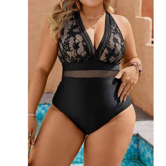 Swimsuits for Women Mesh Tummy Control Push Up High Waisted One Piece Large Size Swimwear Bathing Suit
