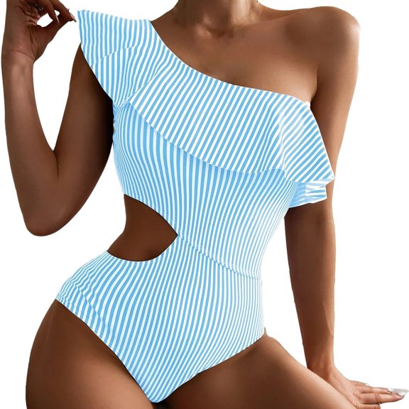 Swimsuits for Women One Piece Ruffle Hem Striped Print Beach,Blue,L