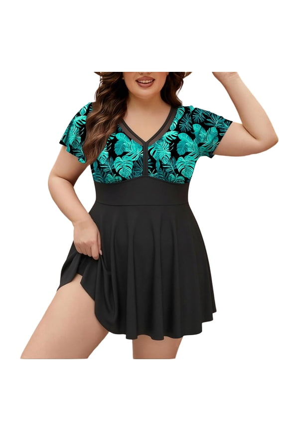 Swimsuits for Women Plus Size Fashion Casual V Neck Short Sleeve Modest Swimwear with Boyshorts Summer 2 Piece Bathing Suits