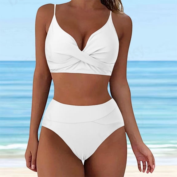 Swimsuits for Women Solid Color Crisscross Swimwear 2Piece Bathing Suits Adjustable Straps Swim Top with High Waisted Bottom