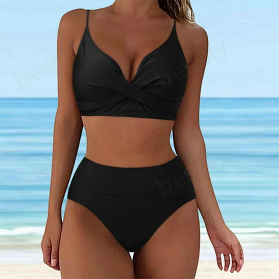 Swimsuits for Women Solid Color Crisscross Swimwear 2Piece Bathing Suits Adjustable Straps Swim Top with High Waisted Bottom