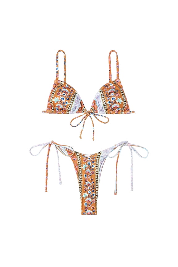 Swimsuits for Women Spaghetti Strap Print Push Up Backless Bikinis Set Coffee Women's Swimwear XS