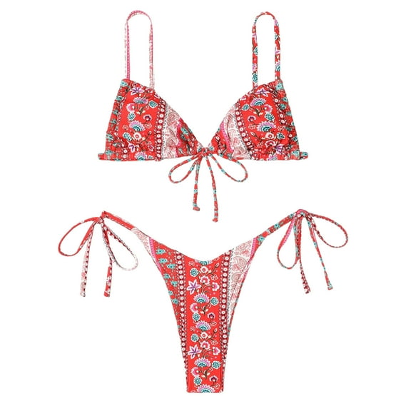 Swimsuits for Women Spaghetti Strap Print Push Up Backless Bikinis Set Red Womens Bathing Suits M