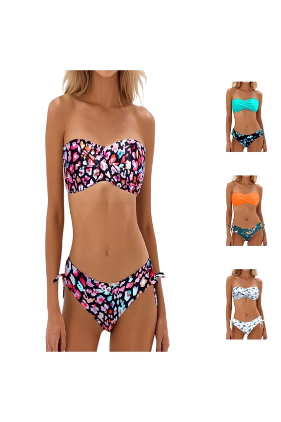Swimsuits for Women Strapless Stylish Tankinis Set Beach Print Two Piece Bandeau White Womens Bathing Suits S