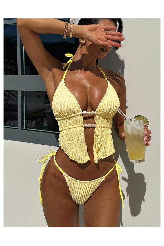 Swimsuits for Women Textured Backless Bikini Sets - 2 Piece Bathing Suit High Cut Cheeky String Tie Side Summer Beach Swimwear