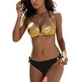 thumbnail image 1 of Swimsuits for Women Triangle Metallic Push Up Bikini Low Rise Halter Bathing Suit,Gold,XL, 1 of 6