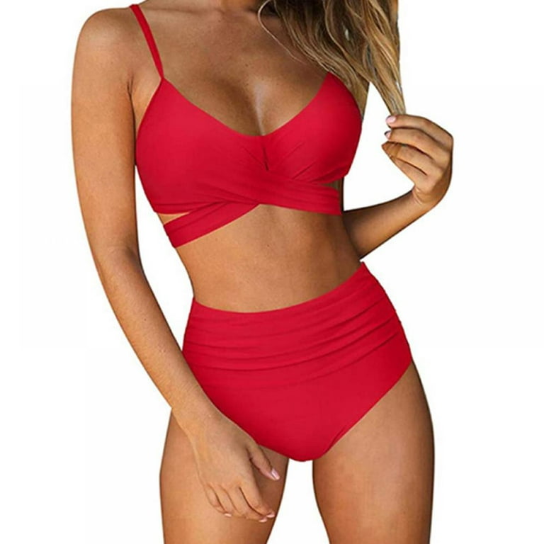 Swimsuits for Women Two Piece Bathing Suits Bra Top with High Waisted  Bottom Wrap Bikini Set, Red S Size 