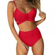 PRODUES Swimsuits for Women Two Piece Bathing Suits Bra Top with High Waisted Bottom Wrap Bikini Set, Red XL Size