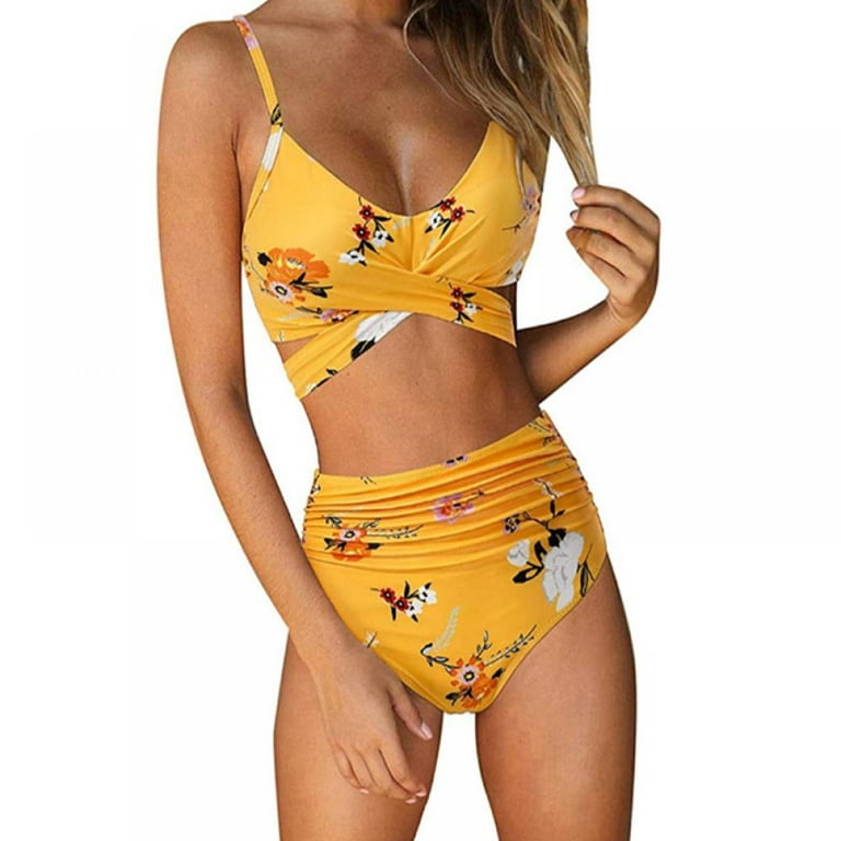 Swimsuits for Women Two Piece Bathing Suits Bra Top with High Waisted  Bottom Wrap Bikini Set, Yellow XL Size 