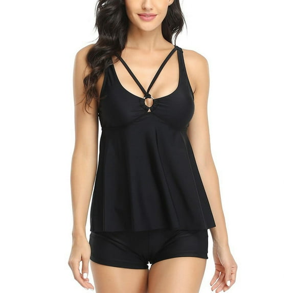 Swimsuits for Women Two Piece Bathing Suits Tummy Control Swimsuit Modest Tankini Top with Boyshort Swimsuits ( Black, S )