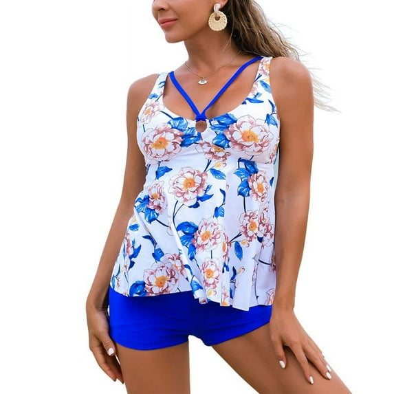 Swimsuits for Women Two Piece Bathing Suits Tummy Control Swimsuit Modest Tankini Top with Boyshort Swimsuits ( Blue, XL )