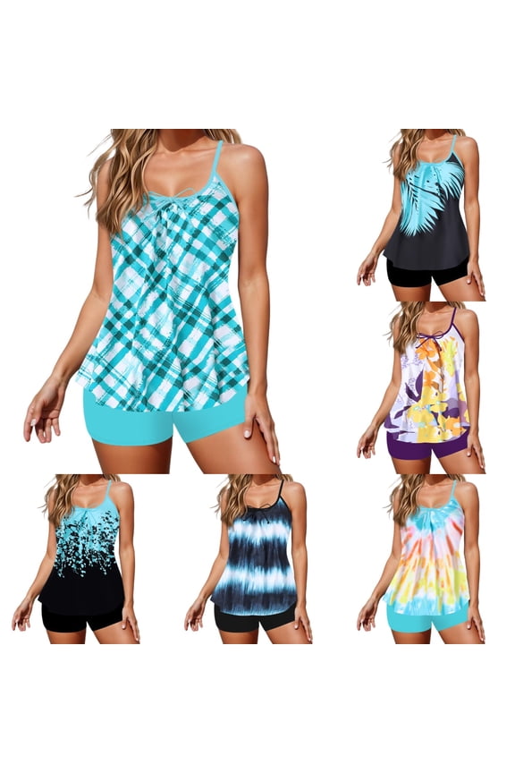 Swimsuits for Women Two Piece High Waist Tankini Shorty Set Summer Beachwear Blue Women's Swimwear L