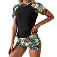 thumbnail image 1 of Swimsuits for Women Two Piece Rash Guard Set Floral Print High Waist Above Knee Shorts Crew Neck Short Sleeve Surfing Swimwear Green S, 1 of 5