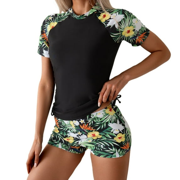 Swimsuits for Women Two Piece Rash Guard Set Floral Print High Waist Above Knee Shorts Crew Neck Short Sleeve Surfing Swimwear Green S