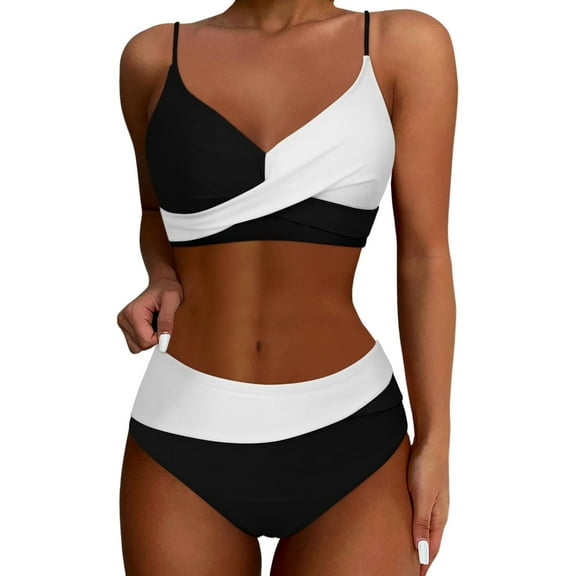 Swimsuits for Women Two Piece Separate Bikini Set Color Block Beachwear White Women's Swimwear XL